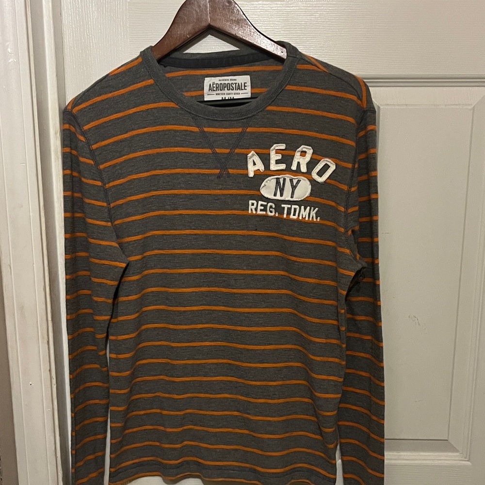 Aeropostale Charcoal and Orange Striped Tee